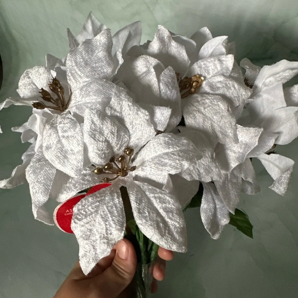 White Glitter Poinsettia Bouquet – Christmas Artificial Floral Arrangement NWT